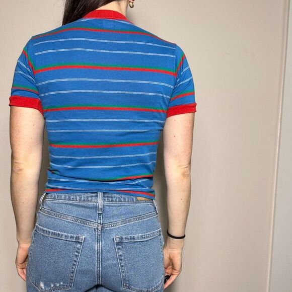 Vintage 100% Cotton Wonderknit Blue Red Striped Cropped Collared T Shirt XS/S - Picture 4 of 7